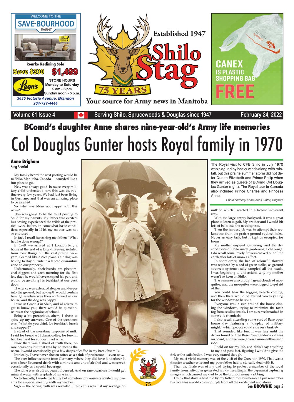 BComd Col Douglas Gunter sits with the Royal family during Queen Elizabeth II's visit to CFB Shilo in 1970.