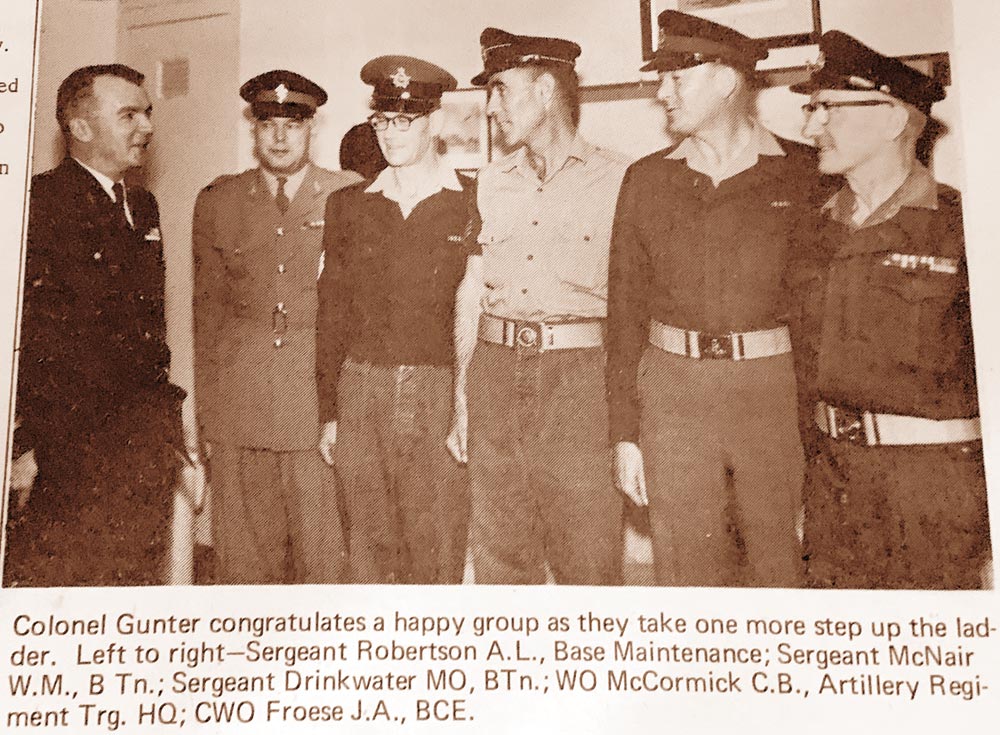 BComd Col Douglas Gunter sits with the Royal family during Queen Elizabeth II's visit to CFB Shilo in 1970.