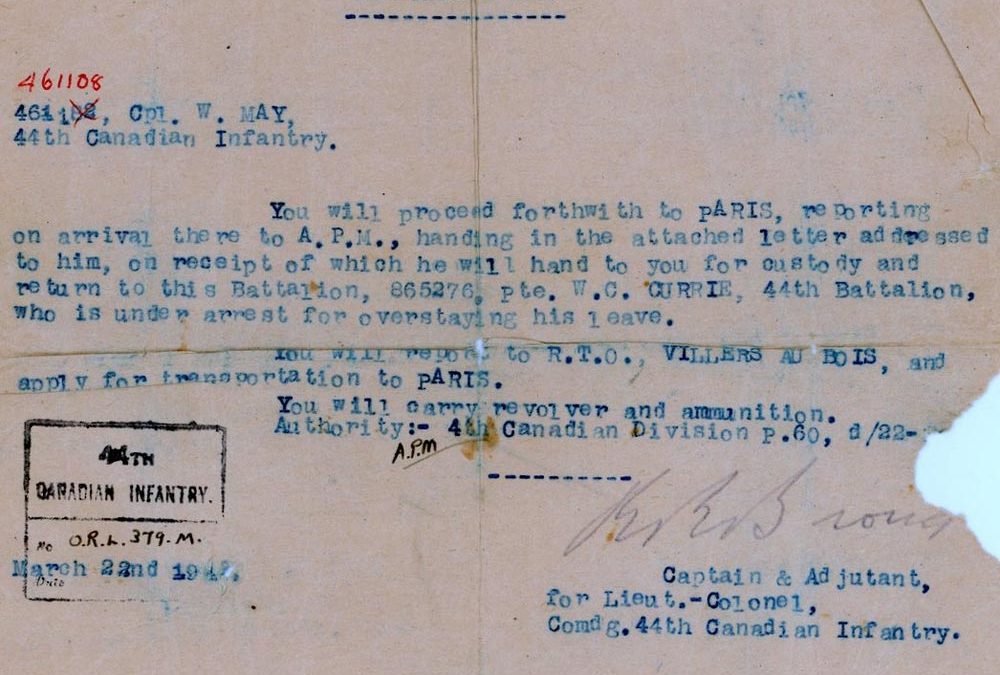 Arrest warrant issued for young CEF private during Great War