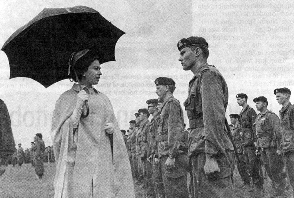 Queen-E2-Shilo-visit BComd Col Douglas Gunter with Queen Elizabeth II and Prince Philip during their visit to Manitoba in 1970.