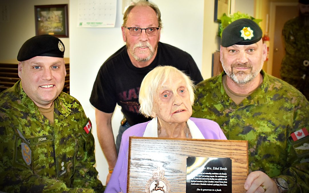 Centenarian honoured for her gifts to CFB Shilo soldiers